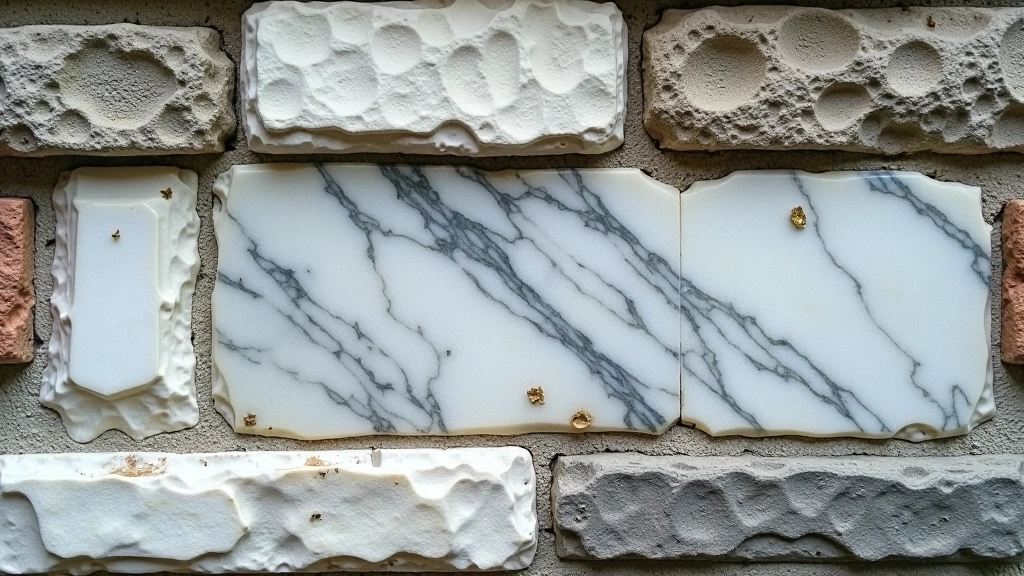 Skirtingi kapų statinių medžiagos — granitas, baltas marmuras, senos plytės ir natūralūs akmenys